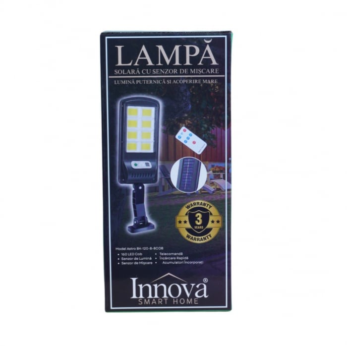 Set 4x Lampi Solare Stradale LED Astro by Innova, 160 LED COB, Senzor, Telecomandă, IP66,  Garanție 3 Ani