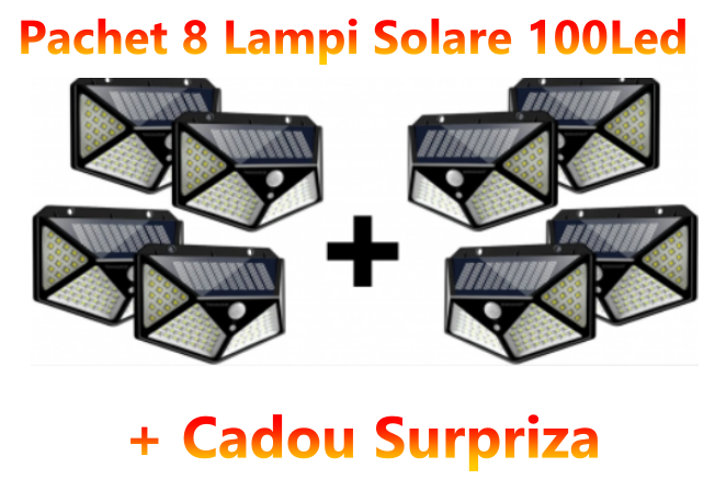 Set 8 x Lampa cu Incarcare Solare, Senzor de Miscare, 3 Moduri de Iluminare, 100 LED, Prindere pe Perete