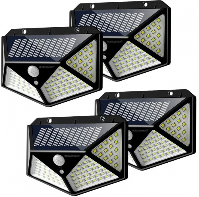 Set 8 x Lampa cu Incarcare Solare, Senzor de Miscare, 3 Moduri de Iluminare, 100 LED, Prindere pe Perete