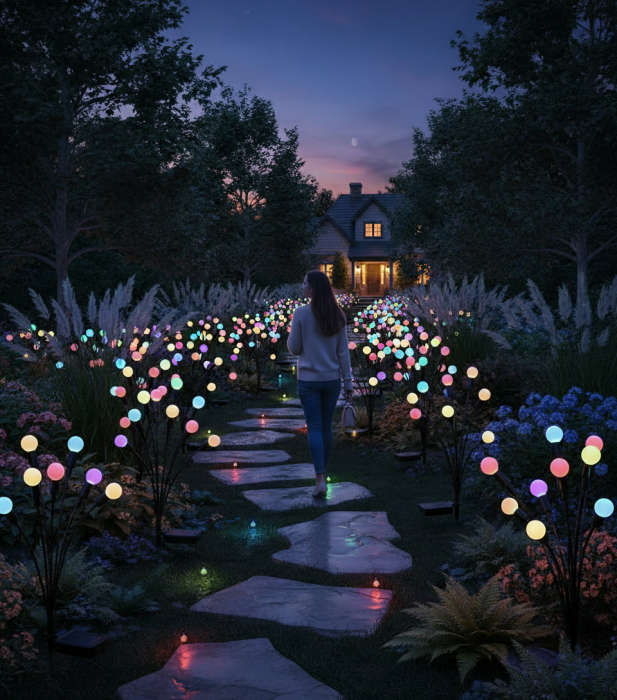 Black Friday - Set de 4 Lămpi Solare de Grădină cu Licurici Multicolor – Eleganță și Magie în Spațiul Exterior