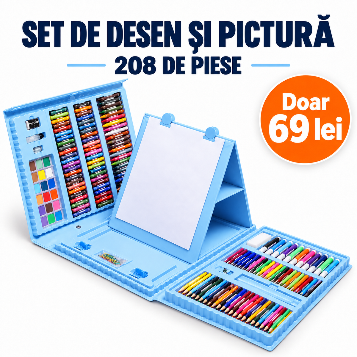 Set artistic de desen și pictură pentru copii – 168 sau 208 piese, în servietă