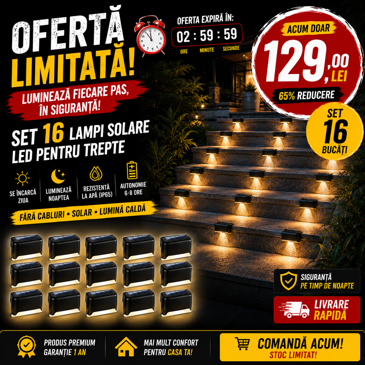Pachet 4 ,8,16,24 buc lampi solare pentru trepte , balustrada ,glaf , lumina calda/rece