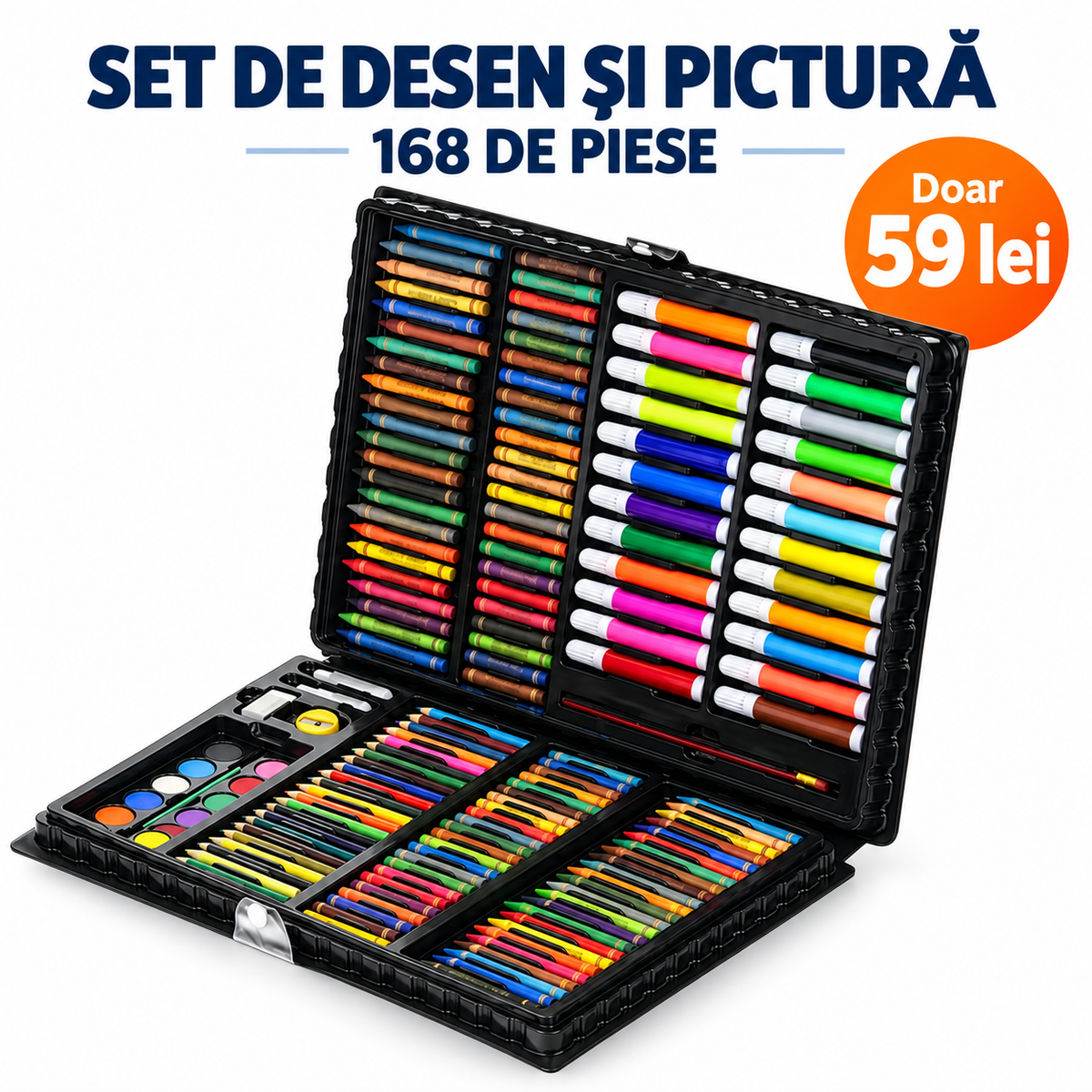 Set artistic de desen și pictură pentru copii – 168 sau 208 piese, în servietă