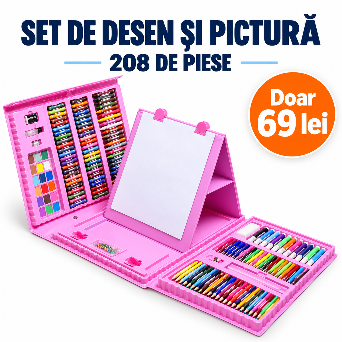Set artistic de desen și pictură pentru copii – 168 sau 208 piese, în servietă
